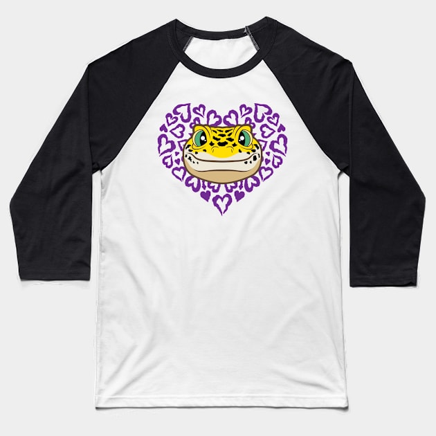 Leopard Gecko Smiling on Purple Heart Baseball T-Shirt by danchampagne